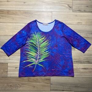 Leoma Lovegrove Womens Leaf Print 3/4 Sleeve Top  Blue Purple Pink And Green